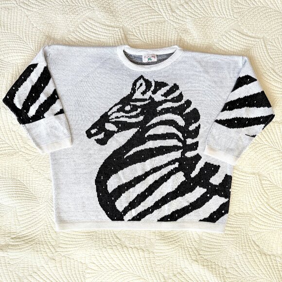 Vintage 80s Turtle Bay Black and White Zebra Sweater Size XL - Picture 5 of 11